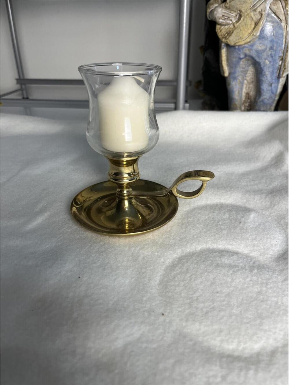 Vintage Brass Candle Holder w/Handle+ Clear Votive Candle Holder By Copper Craft
